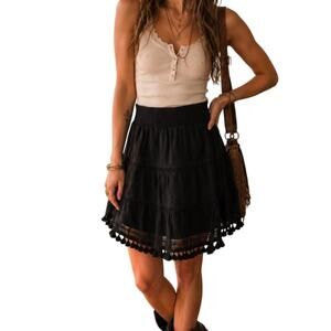 Black tiered boho layered skirt with tassels Size S
